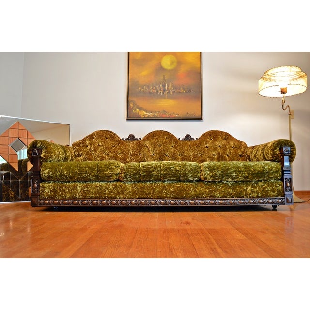 Gothic Mid-Century Crushed Green Velvet Sofa | Chairish