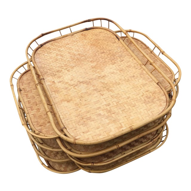 Vintage Woven Rattan Bamboo Tiki TV Trays Set of 8 Chairish