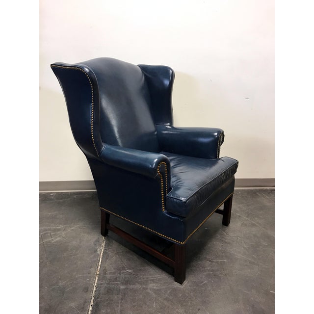 HANCOCK & MOORE Navy Blue Leather Chippendale Wing Chair ...