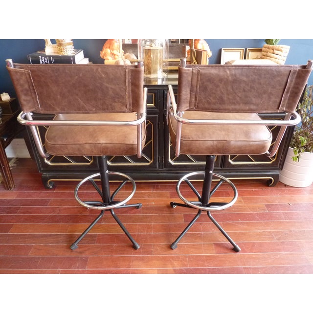 MidCentury Brown Leather Bar Stools A Pair Chairish