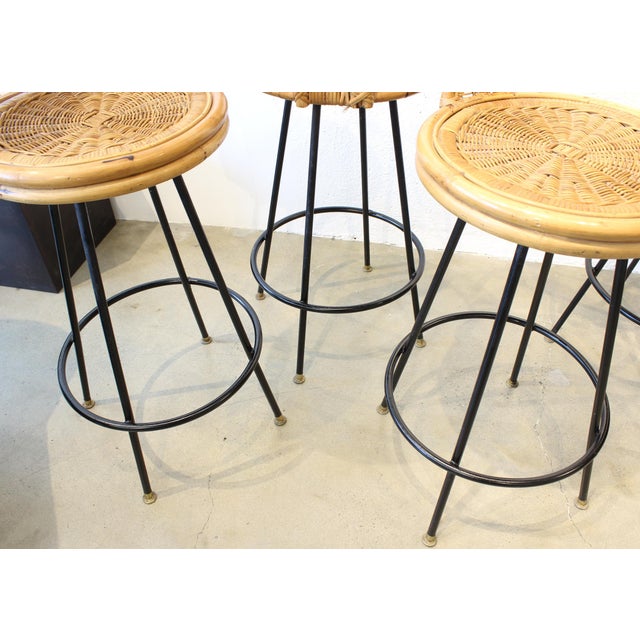 Rattan & Wrought Iron Bar Stools - Set of 5 | Chairish