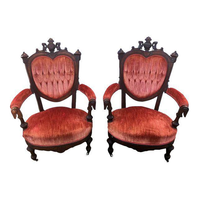 Antique Eastlake HeartBack Red Velvet Settee & Chairs Set of 3 Chairish