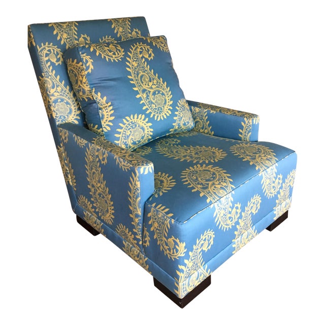 Blue Paisley Silk Upholstered Club Chair | Chairish