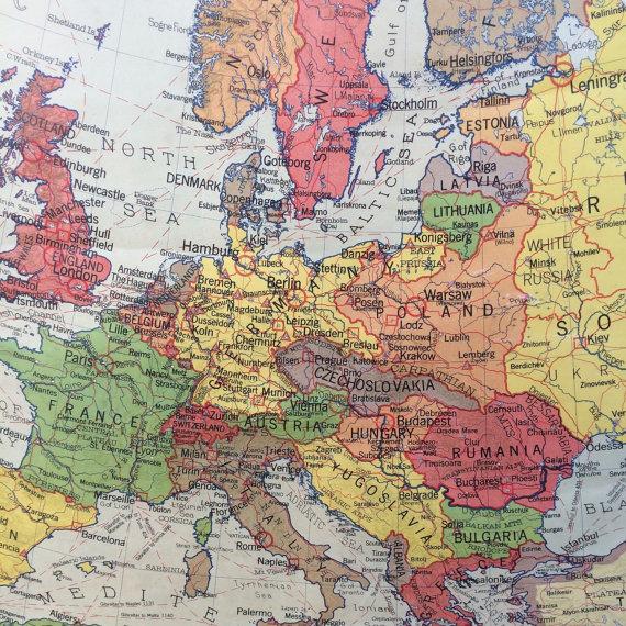 Roll Down 1934 School Wall Map of Europe | Chairish