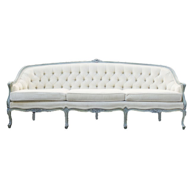 French Tufted White Velvet Louis Sofa | Chairish