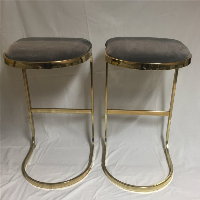 Vintage Brass & Gray Velvet Bar Stools A Pair Chairish