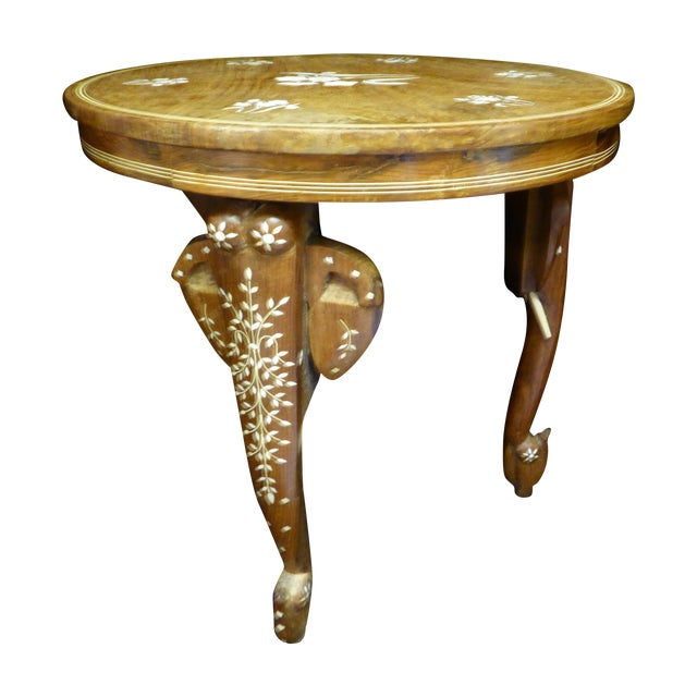Ivory Inlay Wooden Table W/Carved Elephants Chairish