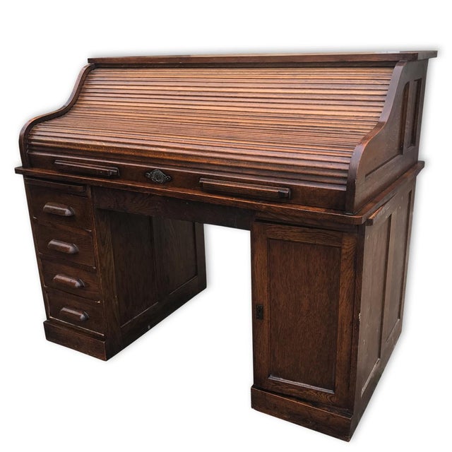 Antique Large Shelbyville Tiger Oak Roll Top Secretary Office Desk Chairish