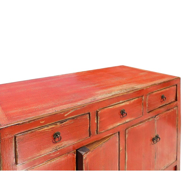 Distressed Rustic Orange Red Sideboard Buffet | Chairish