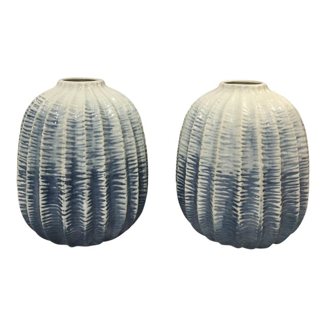 Ribbed Blue Ceramic Vases A Pair Chairish