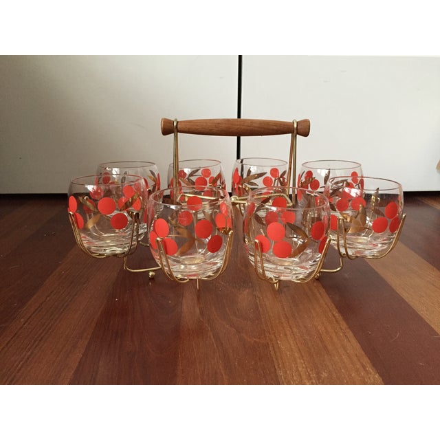 MCM 8 Glass Drink Carrier With Red Cherry Motif Chairish