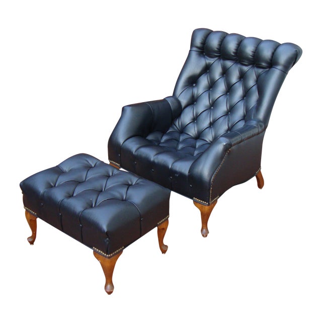 MidCentury Tufted Black Leather Chair & Ottoman Chairish