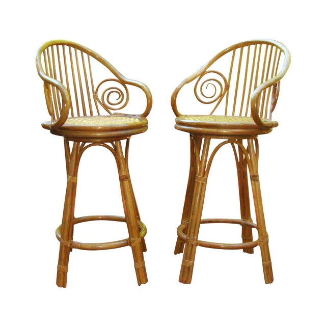 Mid-Century Bent Wood Rattan Bamboo Bar Stools | Chairish