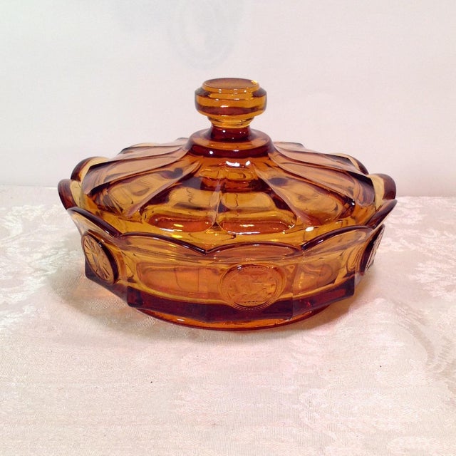 Mid-Century Modern Amber Glass Lidded Candy Dish | Chairish