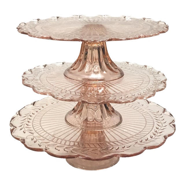 Pink Depression Glass Pedestal Cake Plates Set of 3 Chairish