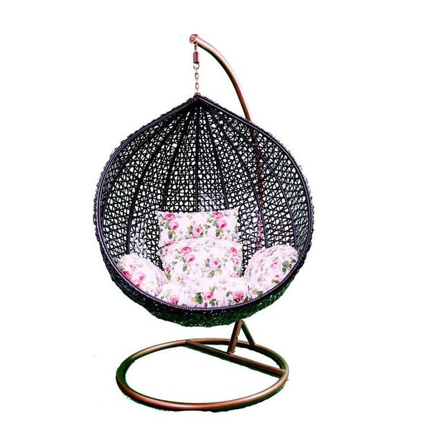 Hanging Black Rattan Chair Floral Cushions Chairish