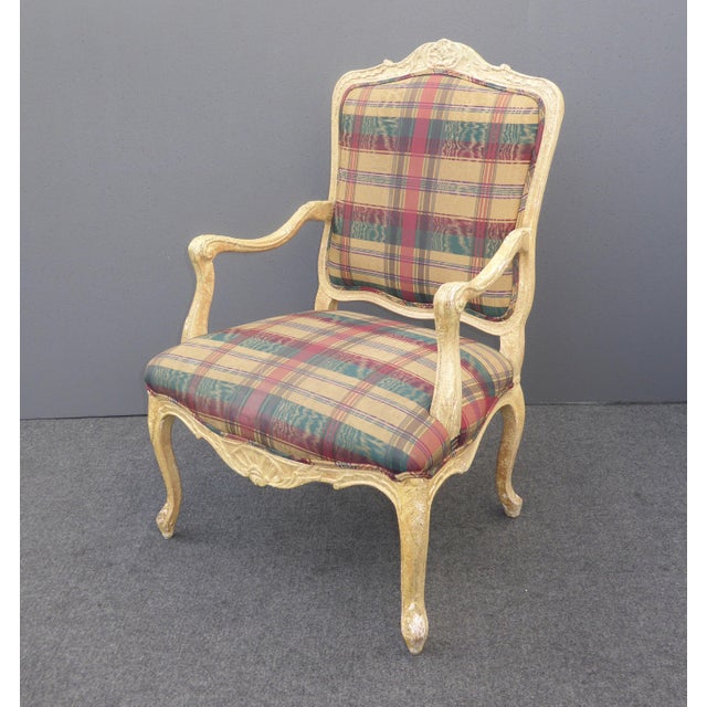 Vintage French Country Plaid Burgundy Accent Chair Off White Crackle
