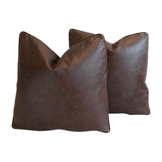 Custom Tailored Italian Tanned Leather Feather/Down Pillows Pair