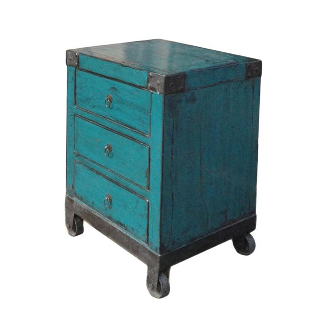Chinese Rustic Blue Nightstand on Wheels Chairish