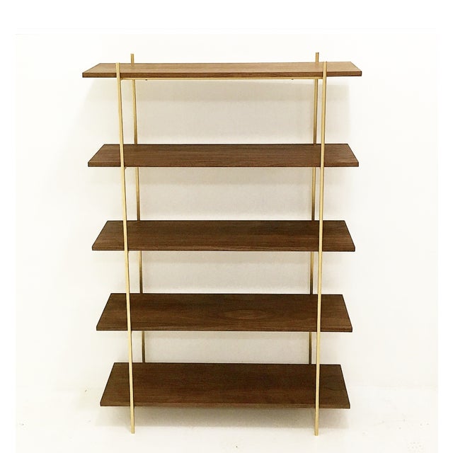 Modern Walnut and Gold Shelving Unit | Chairish