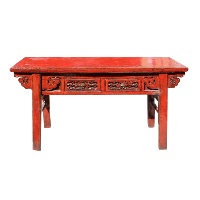 Chinese Distressed Red 2 Drawers Side Pedestal Console Table | Chairish