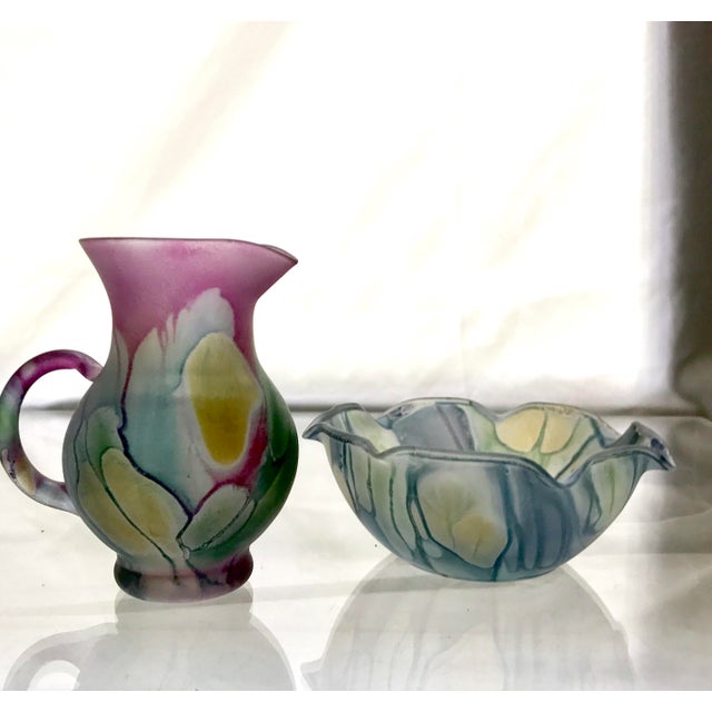 Vintage Israeli Hebron Hand Painted Satin Finish Art Glass Pitcher