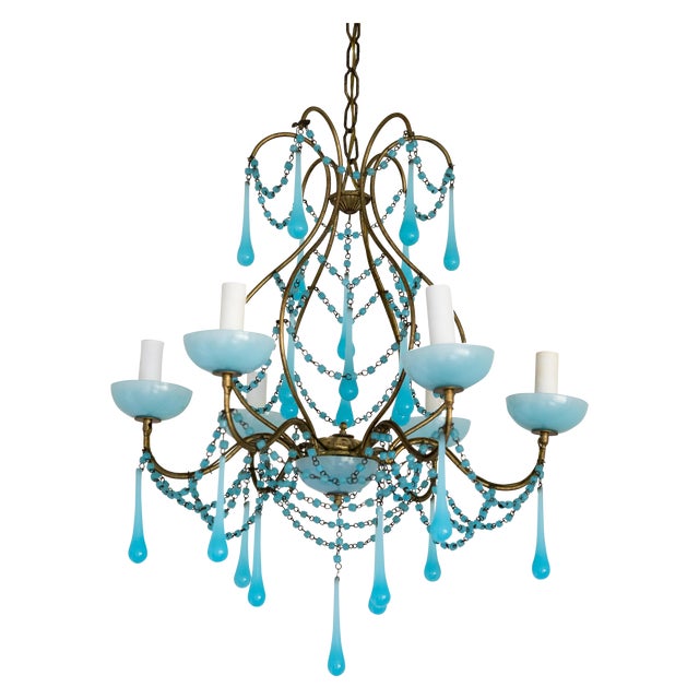 Vintage Italian Blue Beaded Opaline Chandelier | Chairish