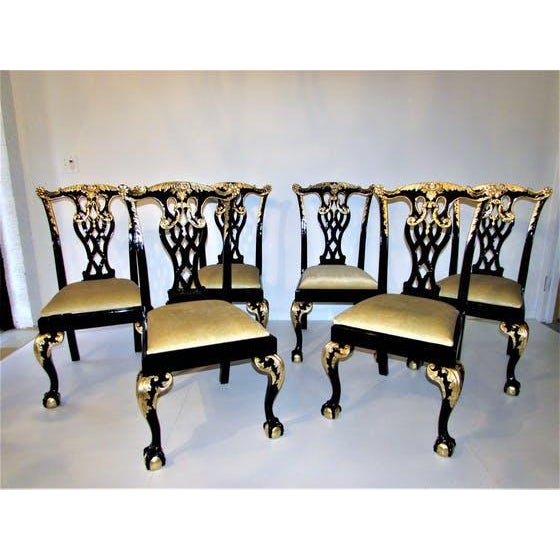 Black Lacquer & Gilded Chippendale Dining Chairs Set of