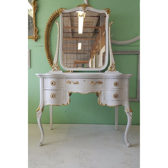 Antique White Makeup Vanity With Mirror & Chair Chairish