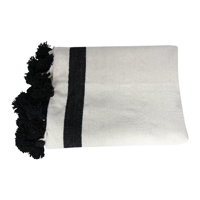 Black & White Moroccan Wool Pom Pom Blanket Chairish