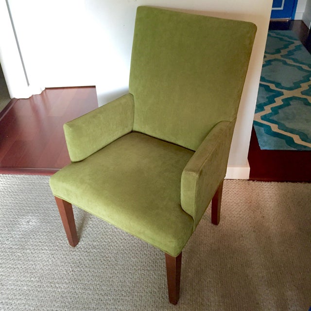 Crate & Barrel Green Linen Highback Arm Chair Chairish