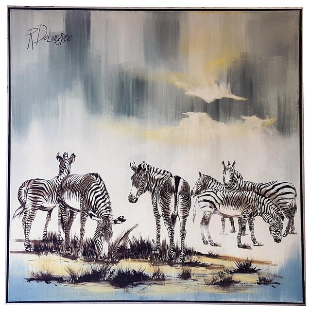 Large Mid Century Zebra Painting by R. Delongprie Chairish