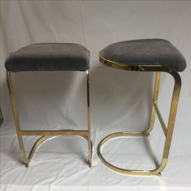 Vintage Brass & Gray Velvet Bar Stools A Pair Chairish