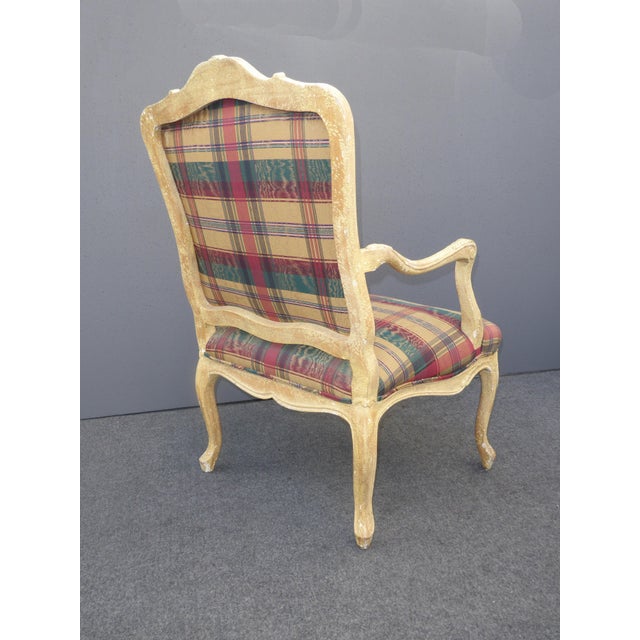 Vintage French Country Plaid Burgundy Accent Chair Off White Crackle
