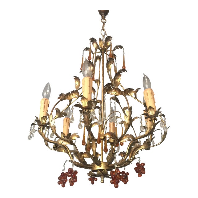 Gold Brushed Chandelier with Amber Grapes | Chairish