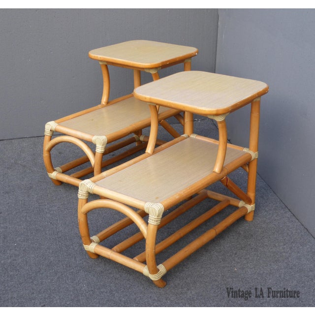 Vintage MidCentury Tiered Rattan End Tables A Pair Chairish