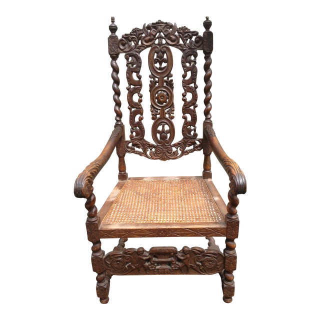 Antique Carved Renaissance Revival Jacobean Throne Cane Chair Chairish