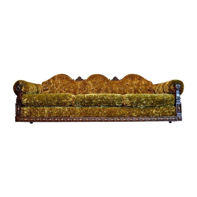 Gothic Mid-Century Crushed Green Velvet Sofa | Chairish