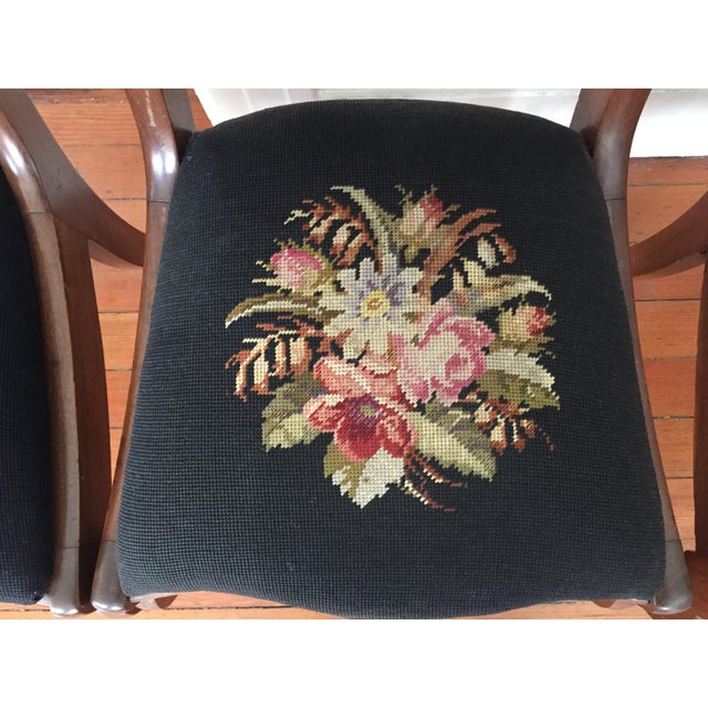 Victorian Sculpted Floral Crest & Needlepoint Seat Salon Chairs Set