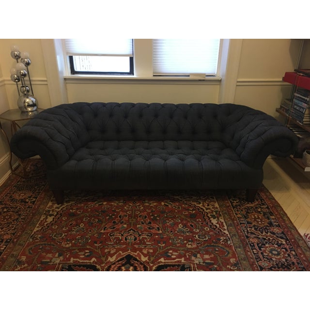 Navy Blue Linen Chesterfield Sofa | Chairish