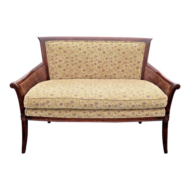 Vintage French Country Ethan Allen Double Cane Floral Settee /Loveseat