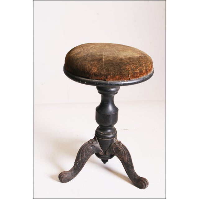 Antique Victorian Wood Adjustable Piano Stool with Cast Iron Legs