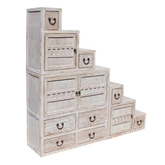 Chinese White Wash Wood Grain Finish Modern Tansu Step Cabinet | Chairish