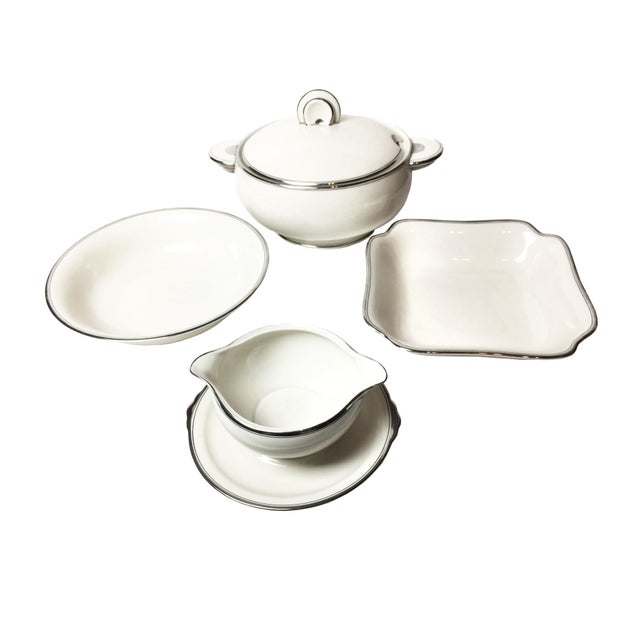 1920s Vintage Art Deco Style White & Silver Dinnerware Set 22 Pieces