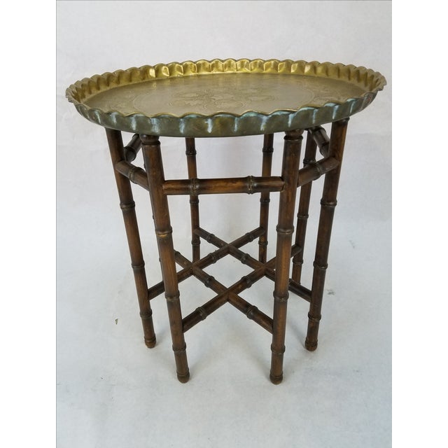 Vintage Brass Top Faux Bamboo Wood Side Table | Chairish