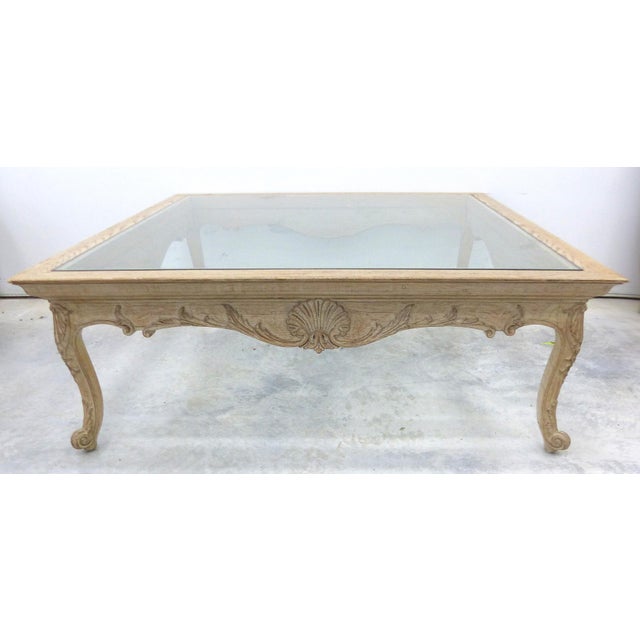 French Square Carved Oak Glass Top Coffee Table Chairish