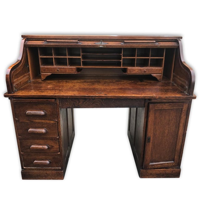Antique Shelbyville Tiger Oak Roll Top Secretary