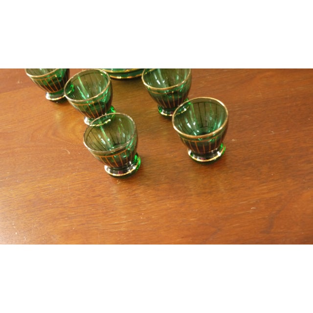Jade Green Glass Decanter & 5 Shot Glasses Chairish