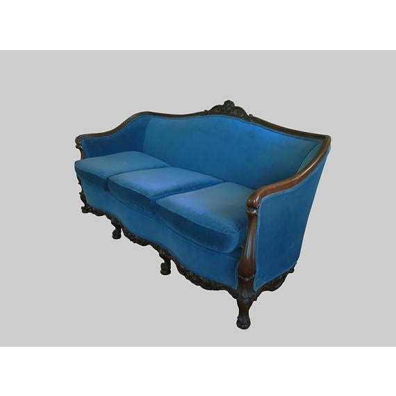 Antique Victorian French Style Mahogany & Blue Velvet Sofa | Chairish