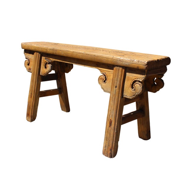 Vintage Chinese Slim Carving Apron Wood Seating Bench 